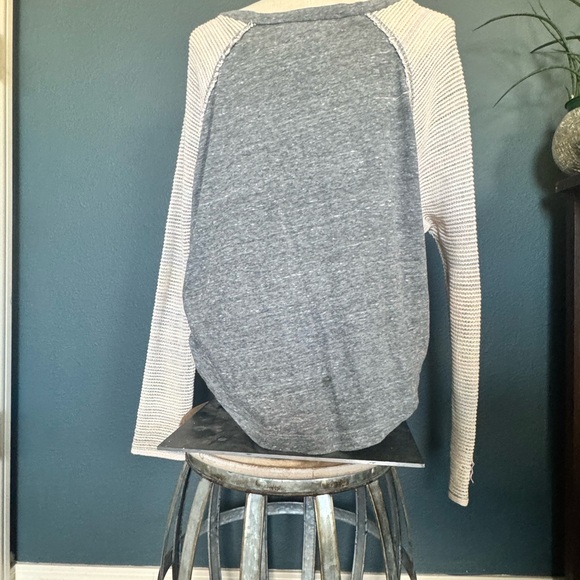We The Free Grey Graphic Raglan Top with Cream Knit Sleeves - Picture 2 of 4